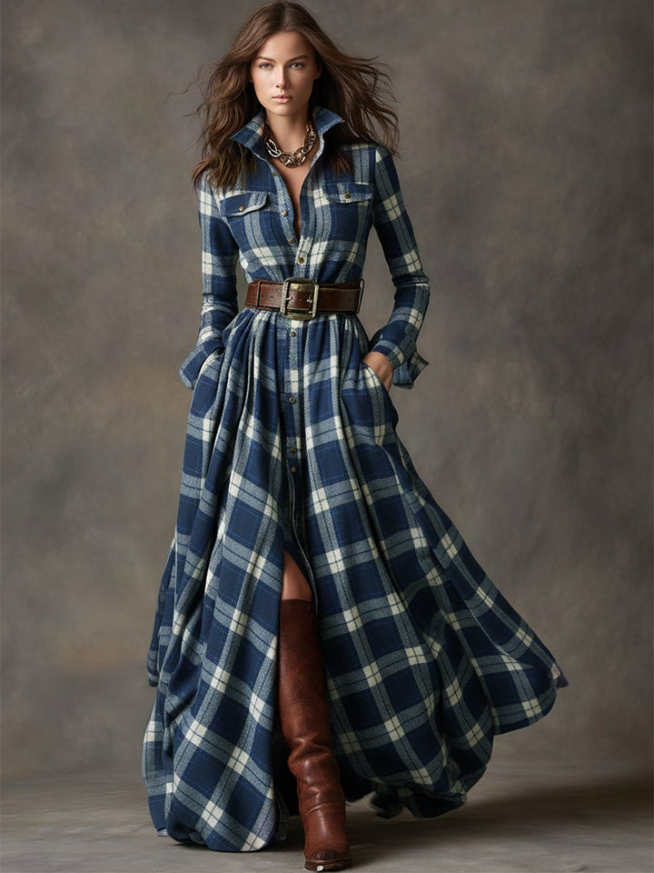 Harlow | Plaid A-Line Maxi Shirt Dress with Long Sleeves and Belt for Women