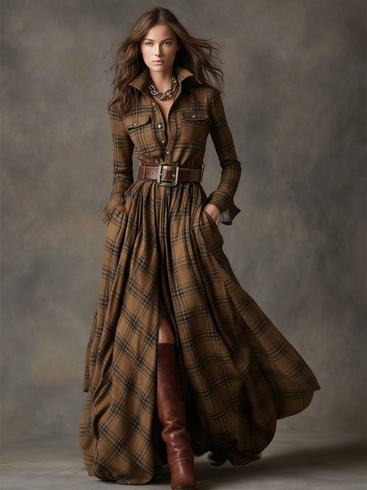 Harlow | Plaid A-Line Maxi Shirt Dress with Long Sleeves and Belt for Women