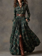 Harlow | Plaid A-Line Maxi Shirt Dress with Long Sleeves and Belt for Women