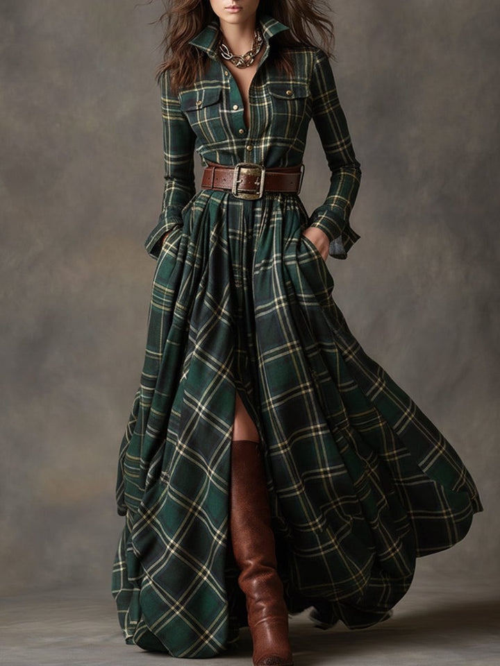 Harlow | Plaid A-Line Maxi Shirt Dress with Long Sleeves and Belt for Women