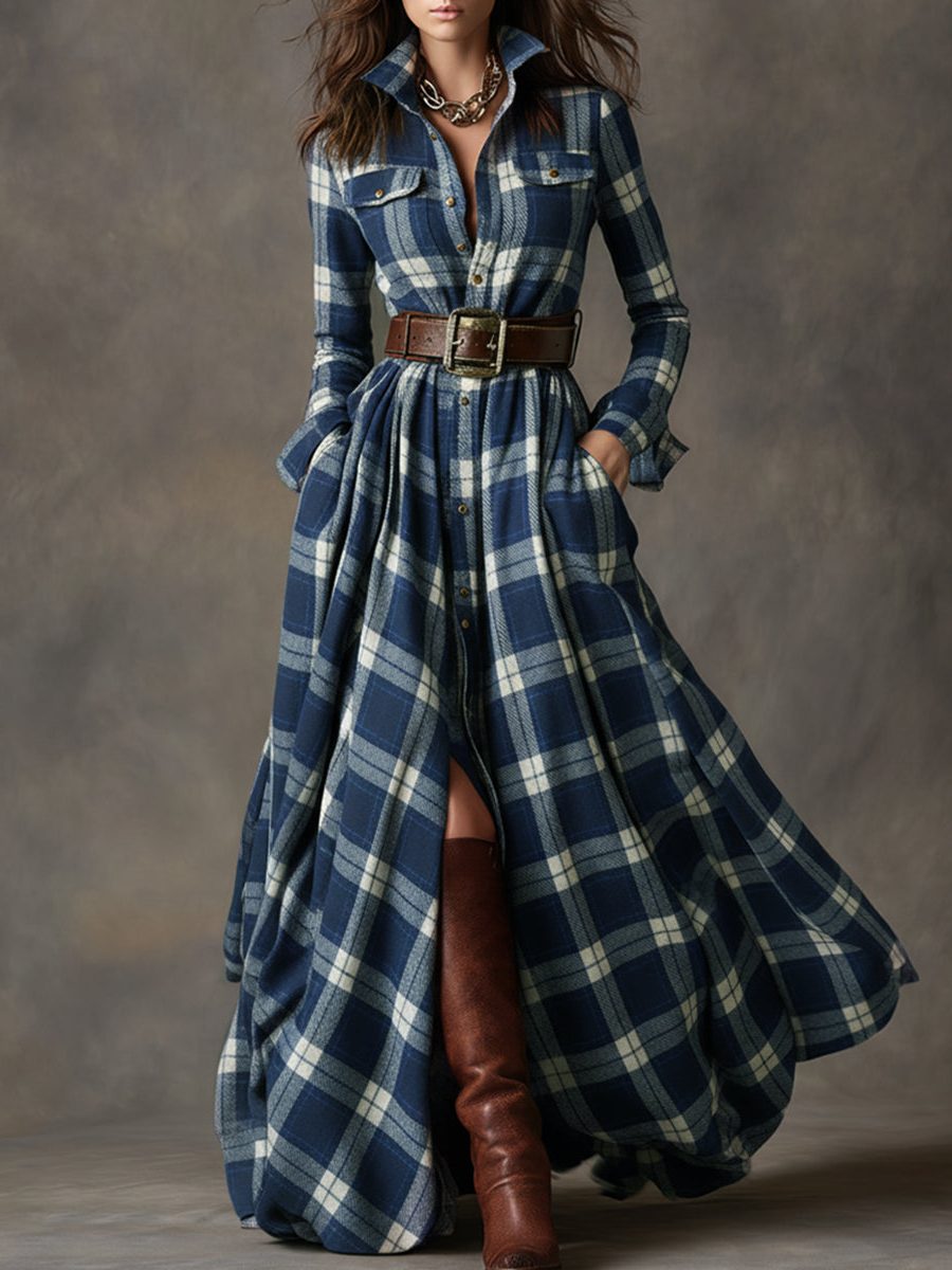 Harlow | Plaid A-Line Maxi Shirt Dress with Long Sleeves and Belt for Women