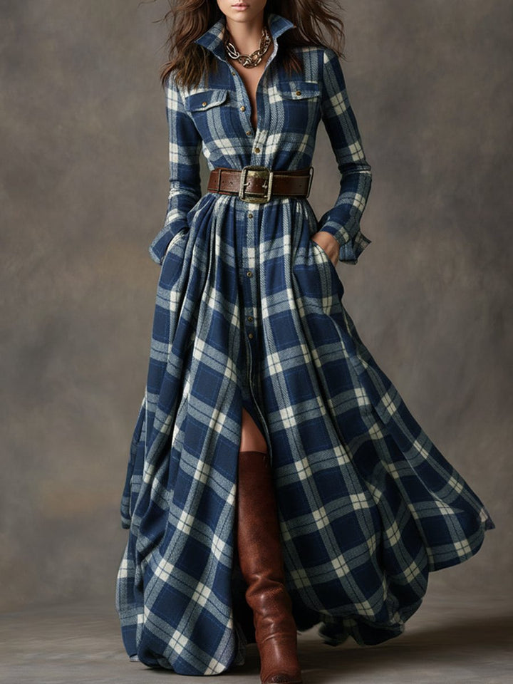 Harlow | Plaid A-Line Maxi Shirt Dress with Long Sleeves and Belt for Women