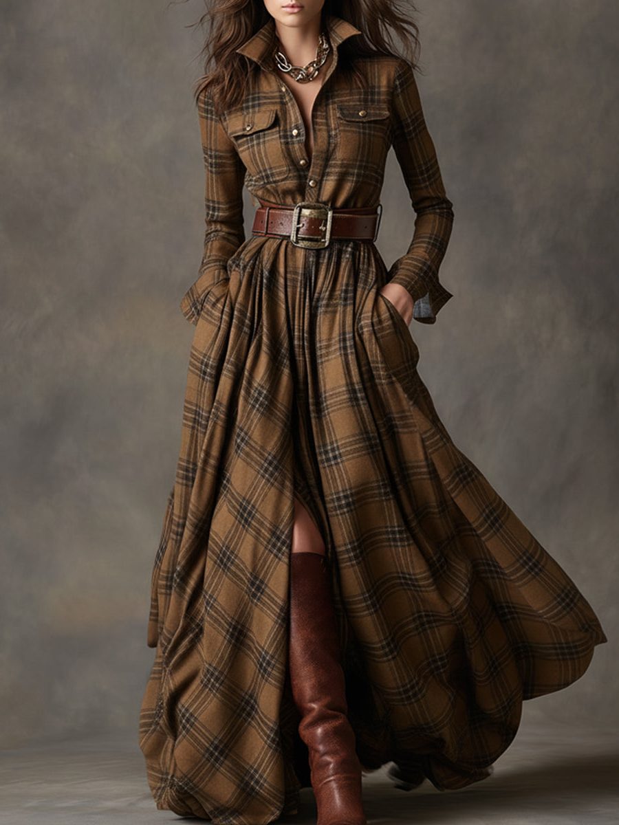 Harlow | Plaid A-Line Maxi Shirt Dress with Long Sleeves and Belt for Women