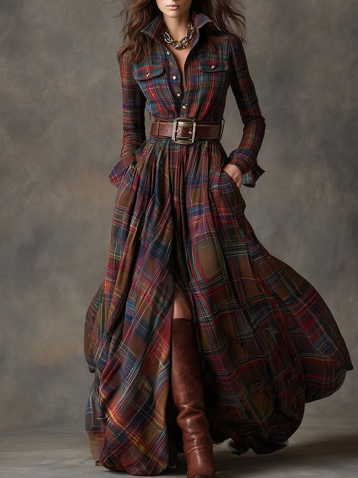 Harlow | Plaid A-Line Maxi Shirt Dress with Long Sleeves and Belt for Women