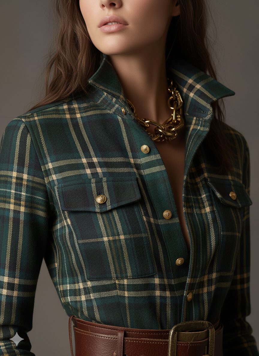 Harlow | Plaid A-Line Maxi Shirt Dress with Long Sleeves and Belt for Women