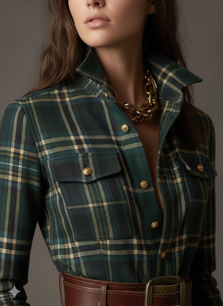 Harlow | Plaid A-Line Maxi Shirt Dress with Long Sleeves and Belt for Women
