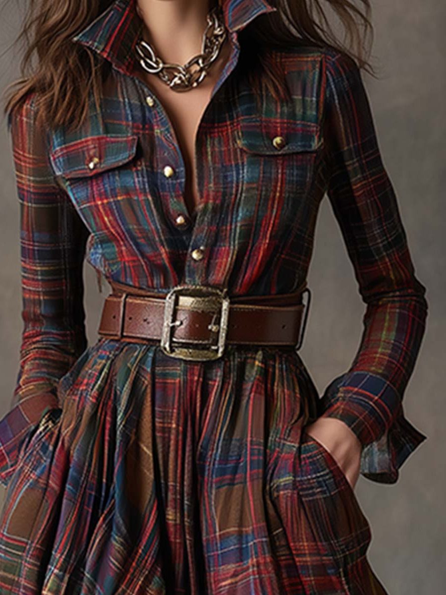 Harlow | Plaid A-Line Maxi Shirt Dress with Long Sleeves and Belt for Women