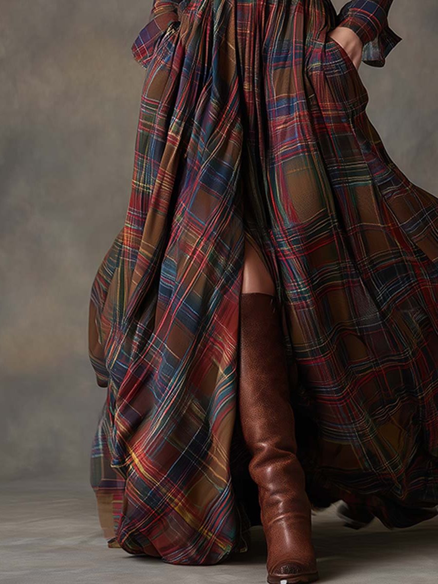 Harlow | Plaid A-Line Maxi Shirt Dress with Long Sleeves and Belt for Women