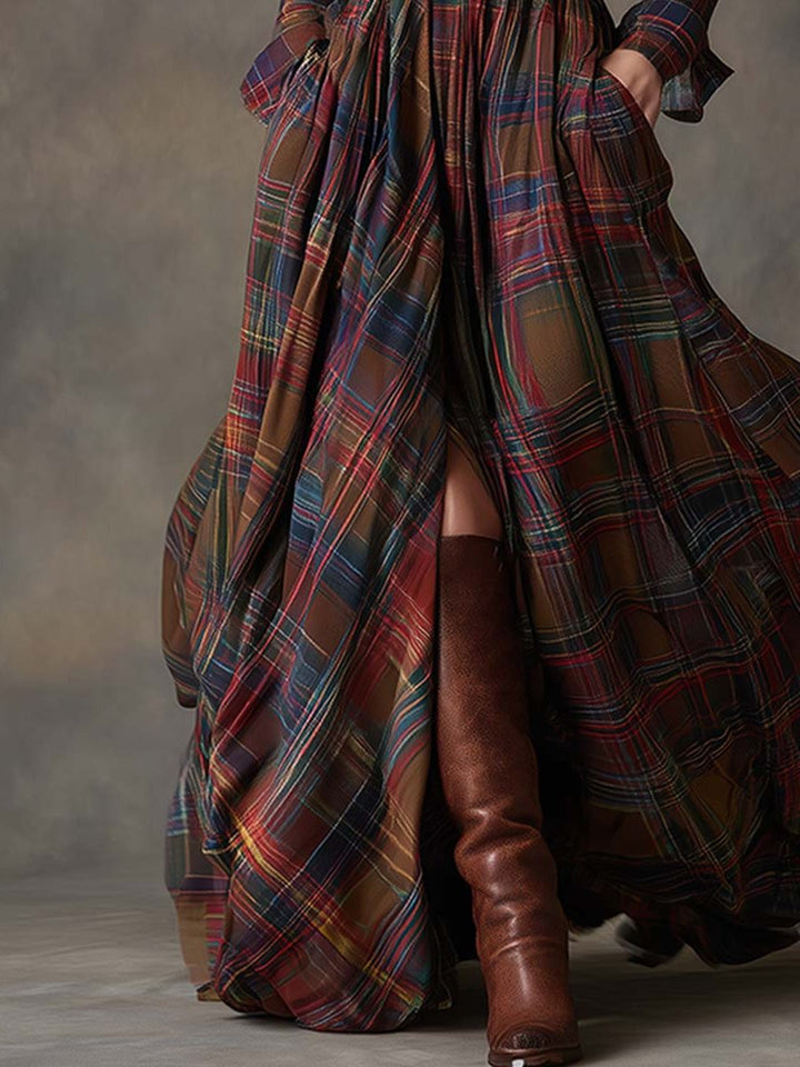 Harlow | Plaid A-Line Maxi Shirt Dress with Long Sleeves and Belt for Women