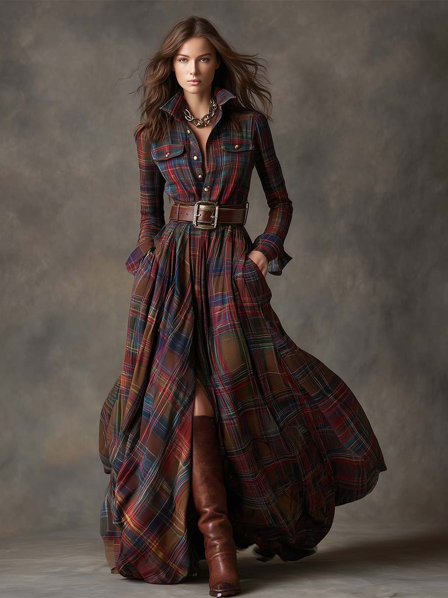 Harlow | Plaid A-Line Maxi Shirt Dress with Long Sleeves and Belt for Women