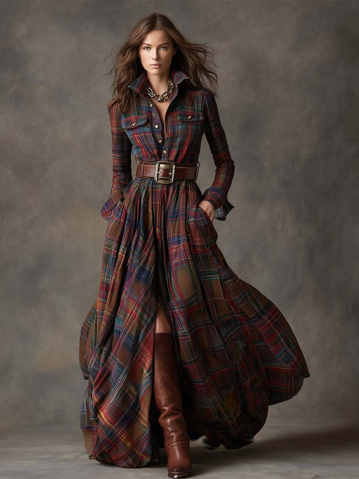 Harlow | Plaid A-Line Maxi Shirt Dress with Long Sleeves and Belt for Women