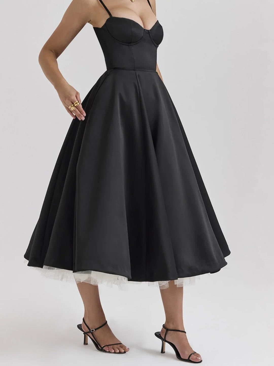 Helena | Sweetheart Neck Evening Cocktail Midi Dress with Thin Straps