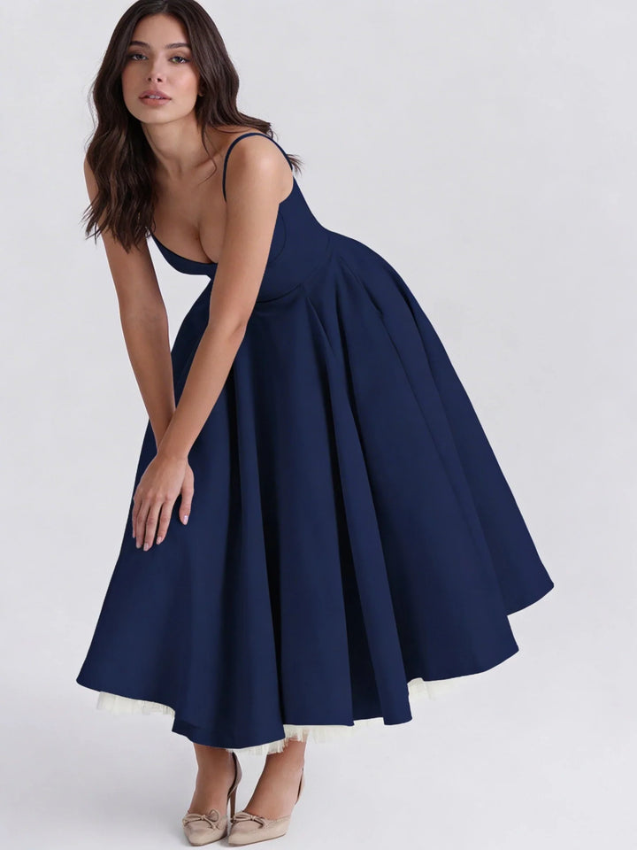 Helena | Sweetheart Neck Evening Cocktail Midi Dress with Thin Straps