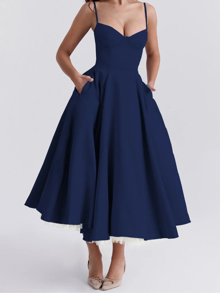 Helena | Sweetheart Neck Evening Cocktail Midi Dress with Thin Straps
