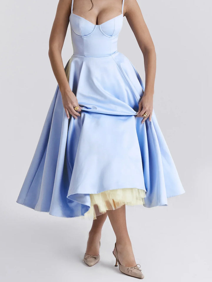 Helena | Sweetheart Neck Evening Cocktail Midi Dress with Thin Straps