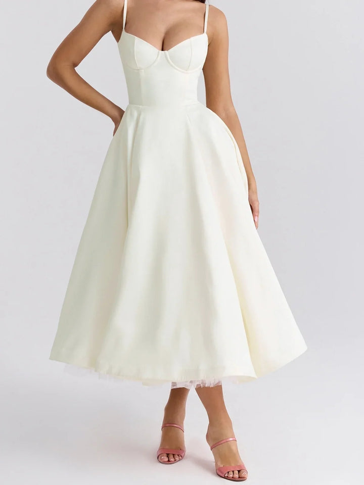 Helena | Sweetheart Neck Evening Cocktail Midi Dress with Thin Straps