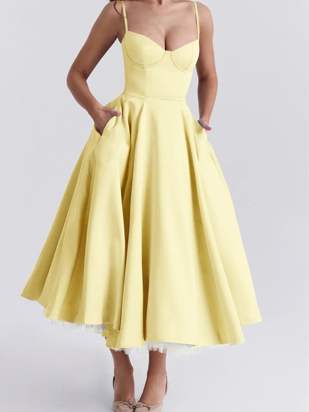 Helena | Sweetheart Neck Evening Cocktail Midi Dress with Thin Straps