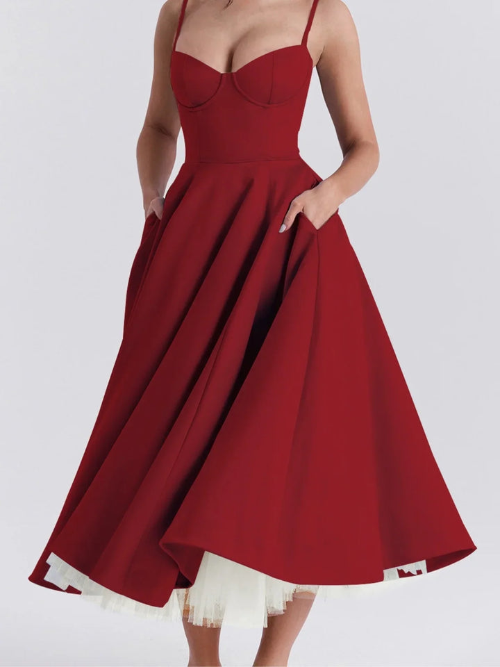 Helena | Sweetheart Neck Evening Cocktail Midi Dress with Thin Straps