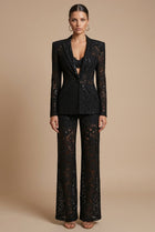Women's Floral Lace Two-Piece Suit – Peplum Blazer Wide-Leg Trousers
