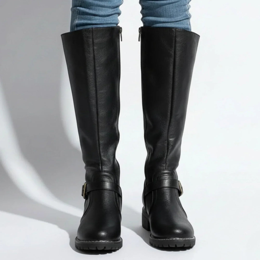 Knee-High Boots For Women | Leather Buckle Side Zip