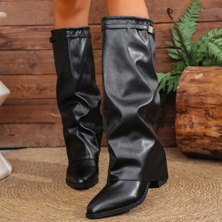 Knee High Boots For Women | Pointed Toe Fold Over Buckle
