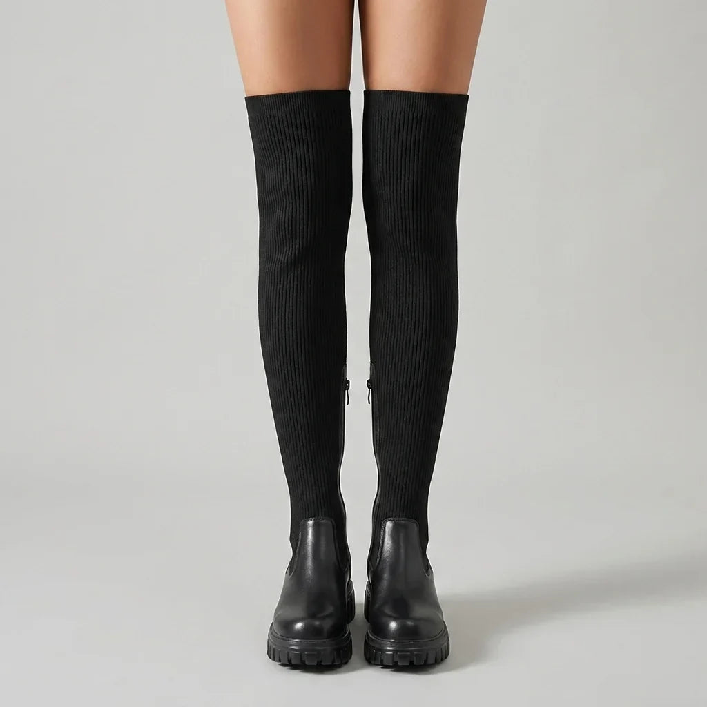 Knee High Boots For Women | Ribbed Knit Vegan Leather Lug Sole Zipper