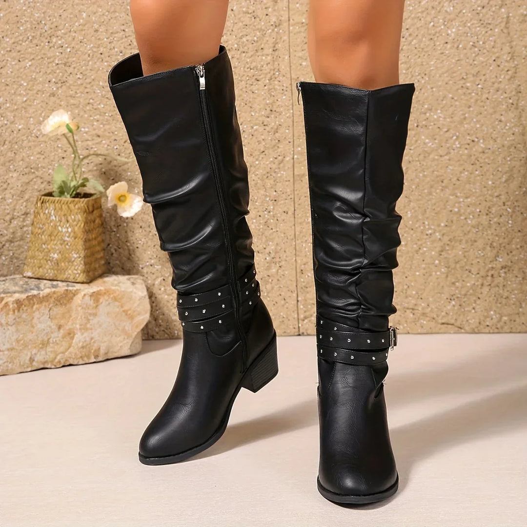 Knee High Boots For Women | Slouch Ruched Block Heel Studded Buckle