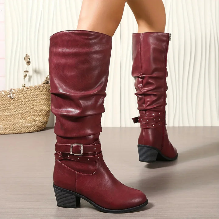 Knee High Boots For Women | Slouch Ruched Block Heel Studded Buckle