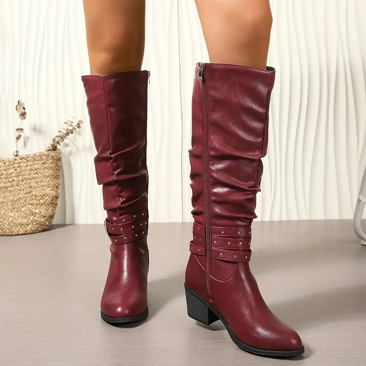 Knee High Boots For Women | Slouch Ruched Block Heel Studded Buckle