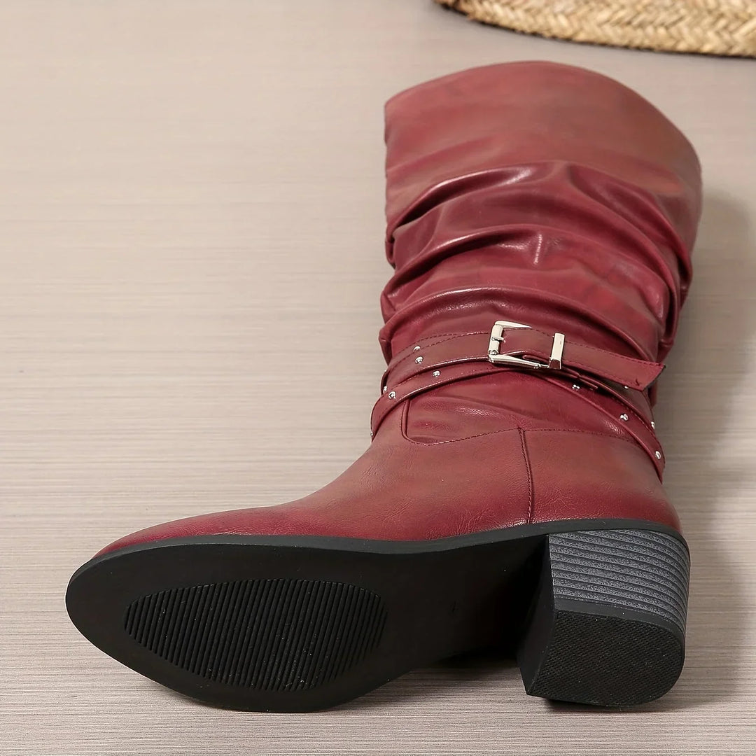 Knee High Boots For Women | Slouch Ruched Block Heel Studded Buckle