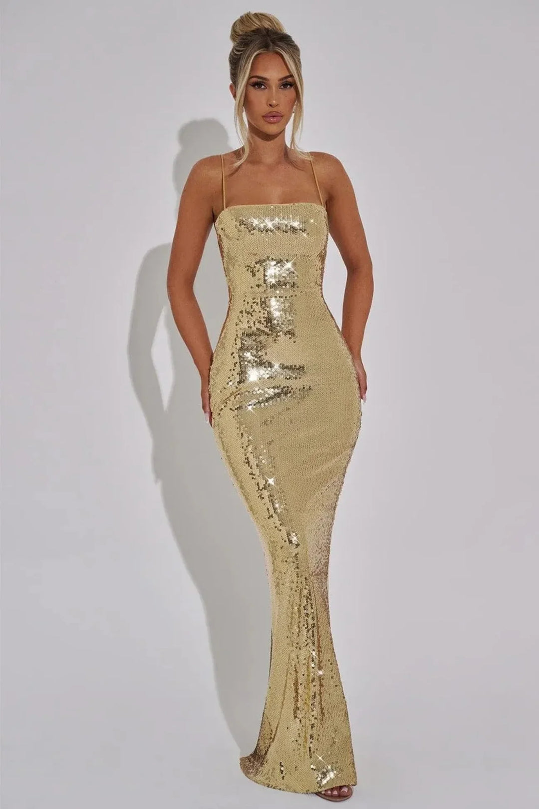 Leanne | Lace Up Gold Sequin Strapless Evening Maxi Dress with Back