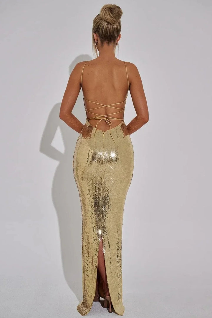 Leanne | Lace Up Gold Sequin Strapless Evening Maxi Dress with Back