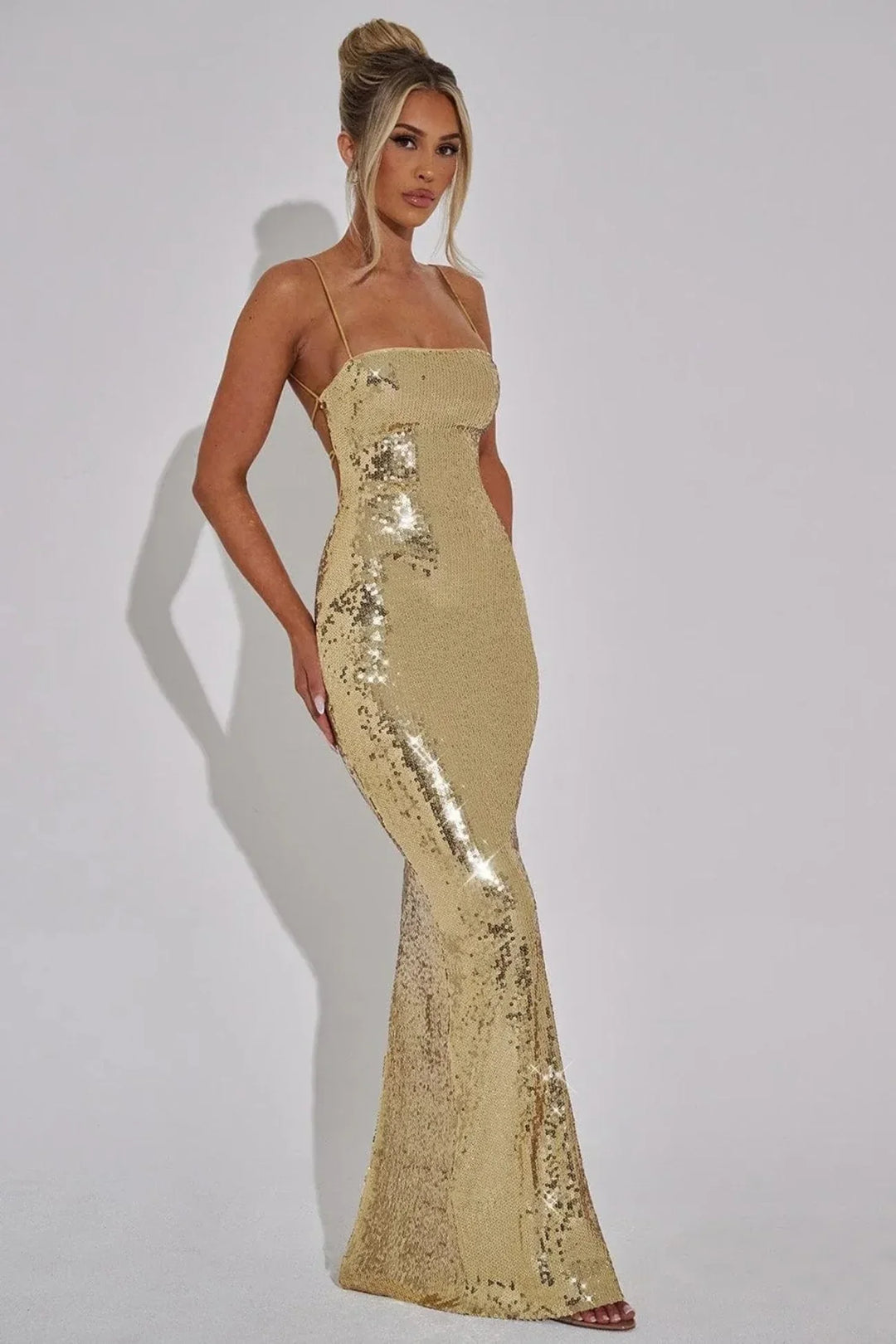 Leanne | Lace Up Gold Sequin Strapless Evening Maxi Dress with Back