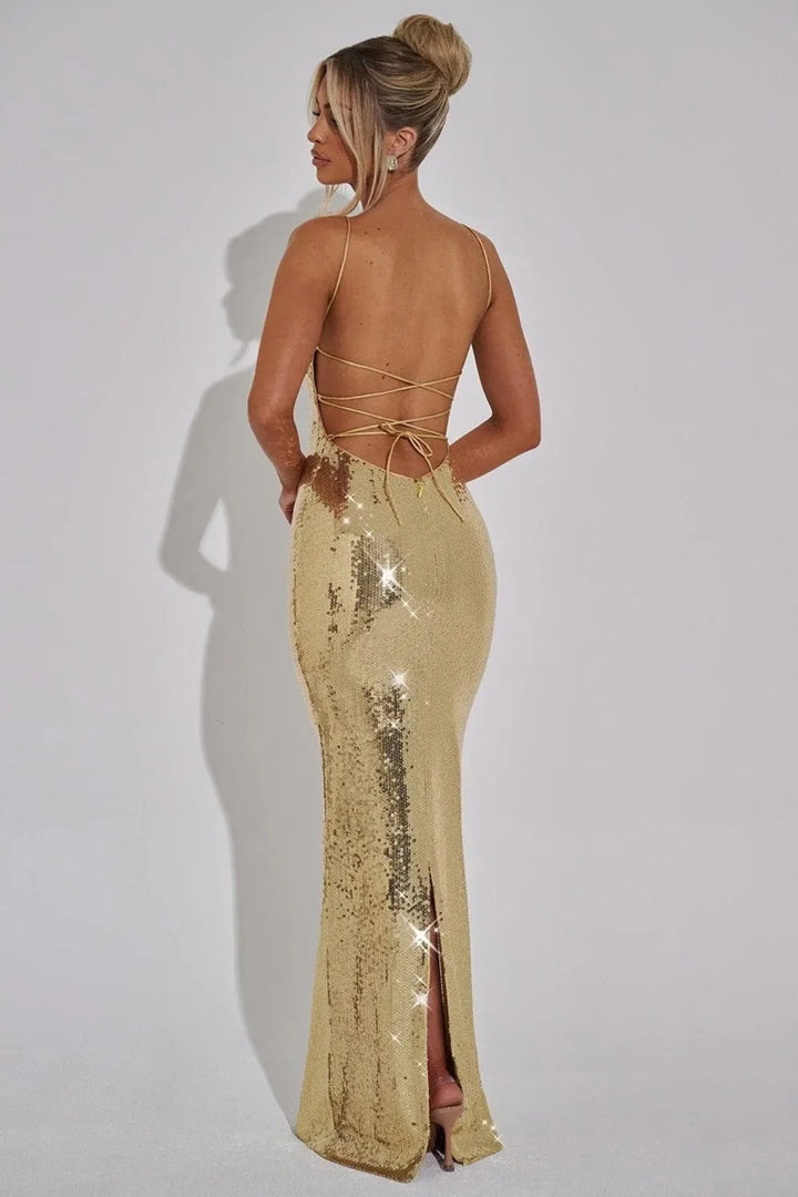 Leanne | Lace Up Gold Sequin Strapless Evening Maxi Dress with Back