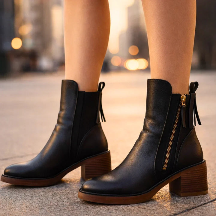 Leather Boots For Women | Ankle Side Zip Block Heel