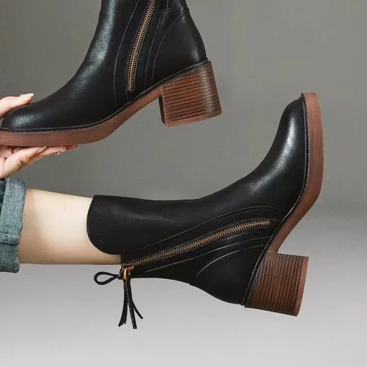 Leather Boots For Women | Ankle Side Zip Block Heel
