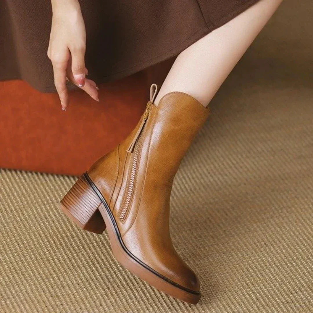Leather Boots For Women | Ankle Side Zip Block Heel