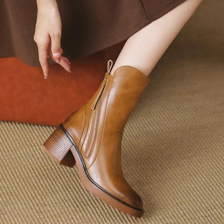 Leather Boots For Women | Ankle Side Zip Block Heel