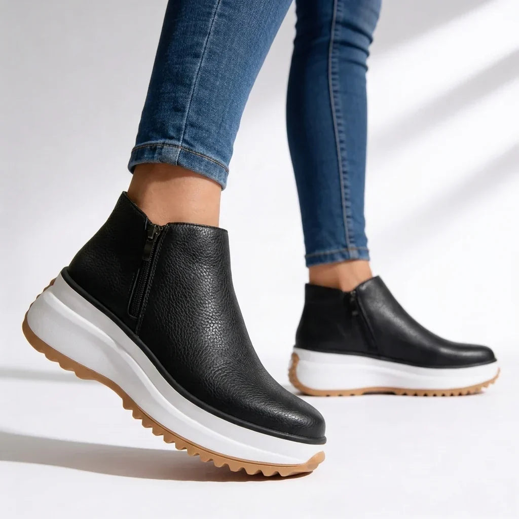 Leather Boots For Women | Platform Ankle Side Zip