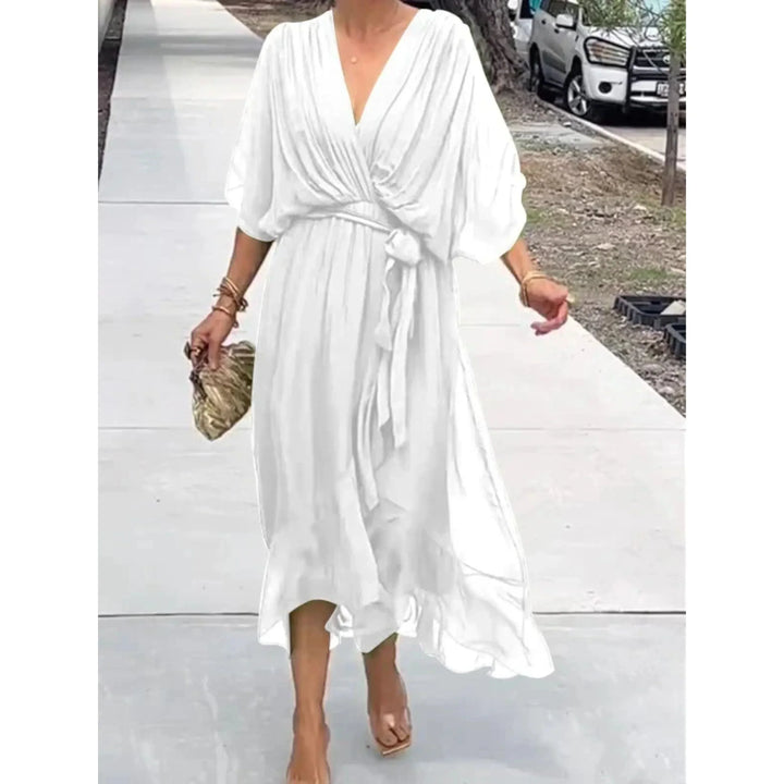 Maureen | V-Neck Batwing Sleeve Evening Summer Midi Dress with Belted Waist
