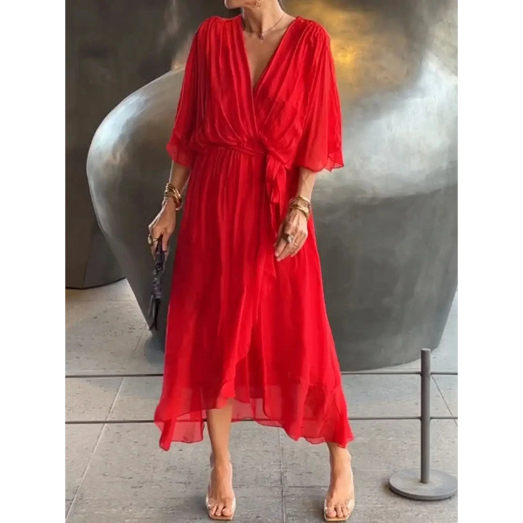 Maureen | V-Neck Batwing Sleeve Evening Summer Midi Dress with Belted Waist