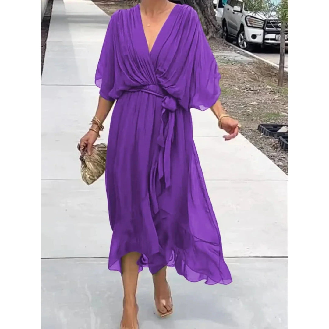 Maureen | V-Neck Batwing Sleeve Evening Summer Midi Dress with Belted Waist
