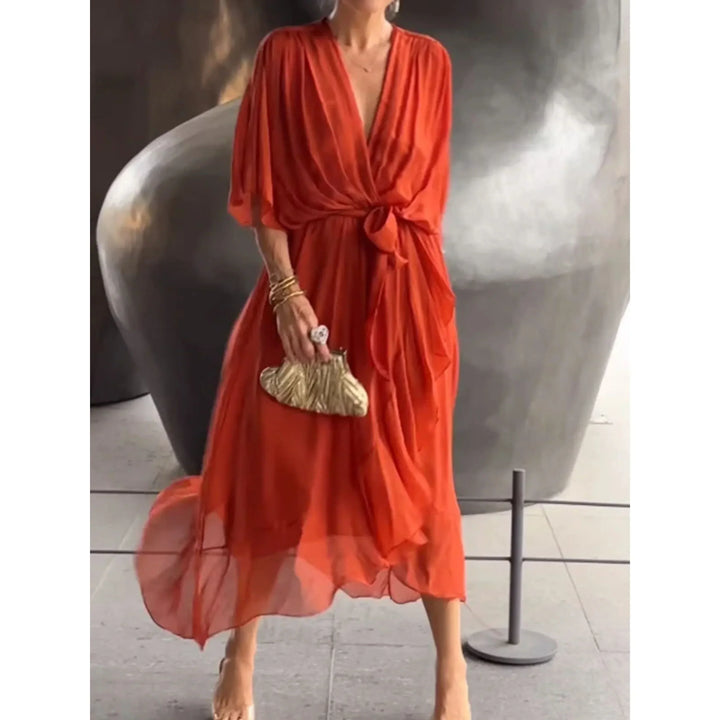 Maureen | V-Neck Batwing Sleeve Evening Summer Midi Dress with Belted Waist