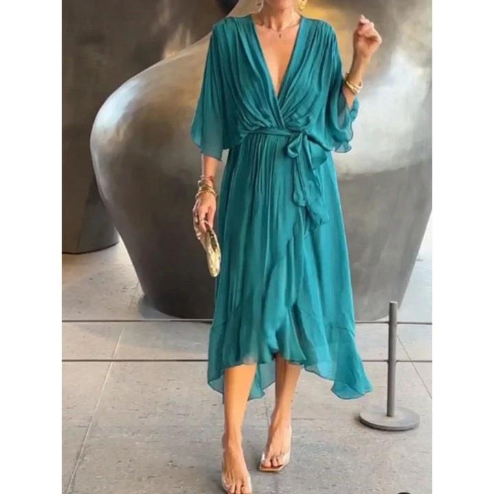 Maureen | V-Neck Batwing Sleeve Evening Summer Midi Dress with Belted Waist