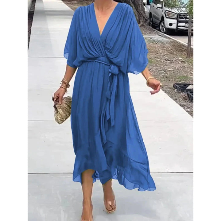 Maureen | V-Neck Batwing Sleeve Evening Summer Midi Dress with Belted Waist