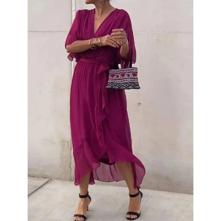 Maureen | V-Neck Batwing Sleeve Evening Summer Midi Dress with Belted Waist