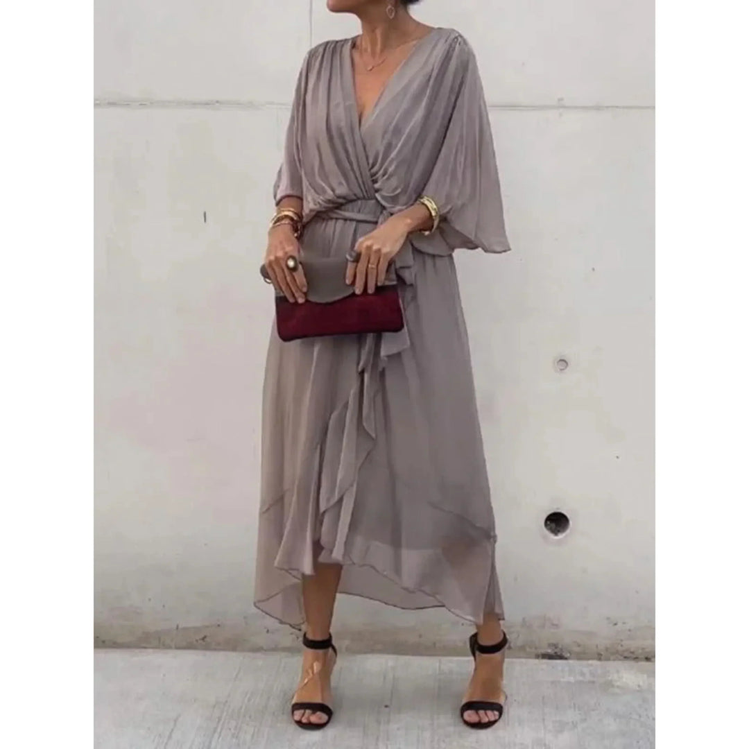 Maureen | V-Neck Batwing Sleeve Evening Summer Midi Dress with Belted Waist