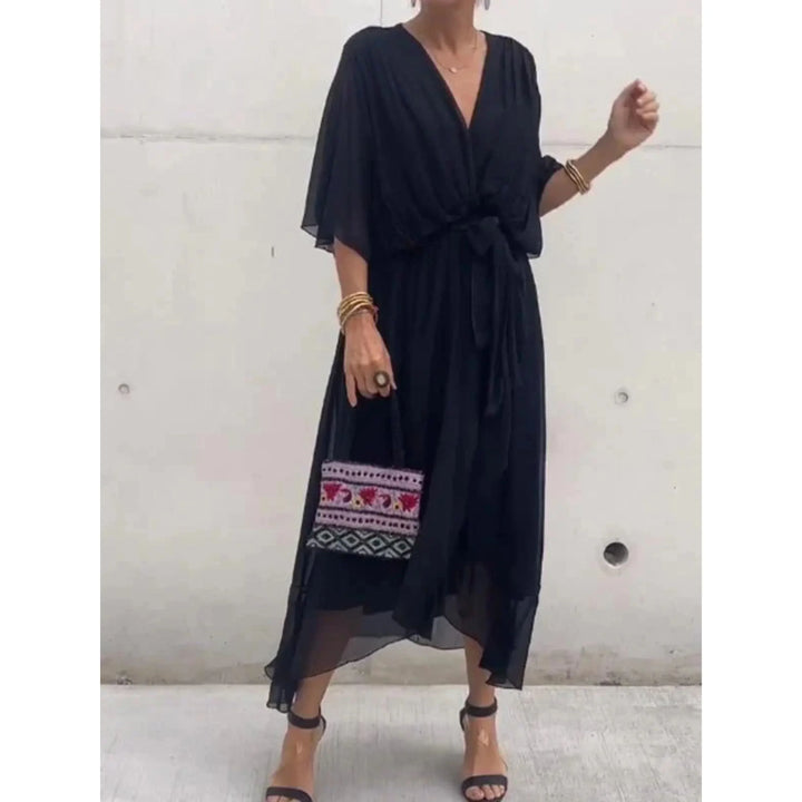 Maureen | V-Neck Batwing Sleeve Evening Summer Midi Dress with Belted Waist