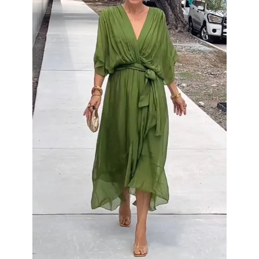 Maureen | V-Neck Batwing Sleeve Evening Summer Midi Dress with Belted Waist
