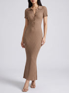 Melissa | Ribbed Knit Polo Evening Dress with Button Front and Short Sleeves